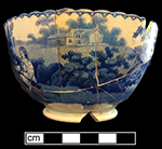 London shape pearlware cup underglaze printed in medium blue, scalloped rim. (3 views of cup shown here) 5.5” rim diameter; 3.25” vessel height.